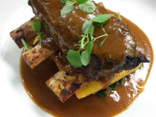 Marsala Braised Bison Shortribs, Crispy Fried Polenta, Wilted Arugula