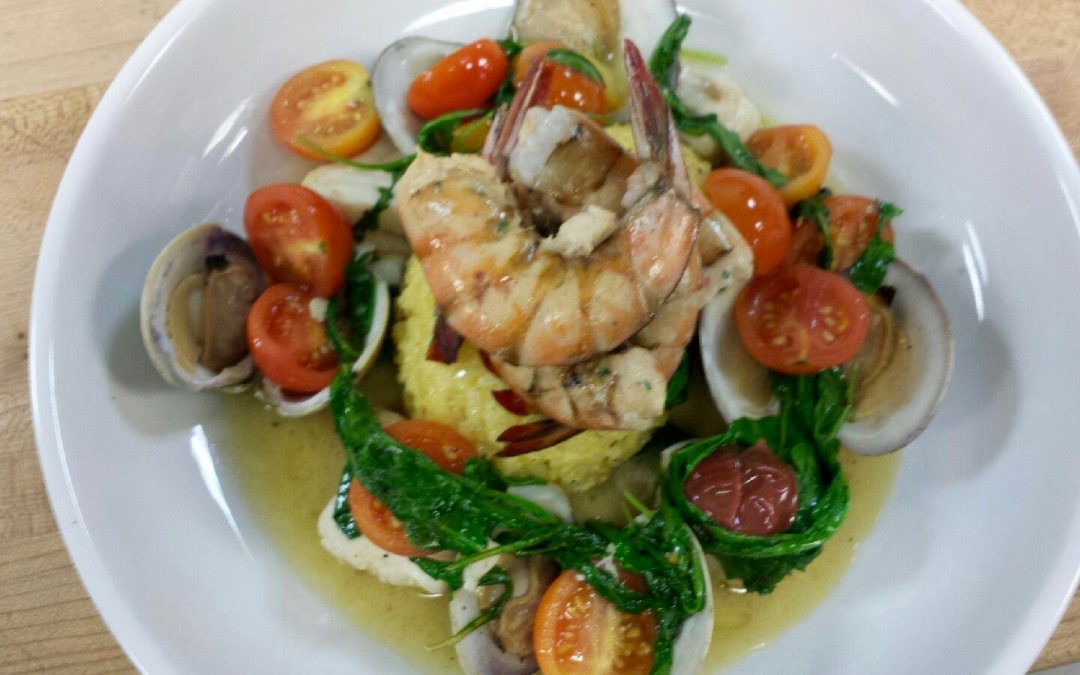 Lowcountry Stuffed Shrimp, Saffron Risoto, Wilted Spinach, Littleneck Clams
