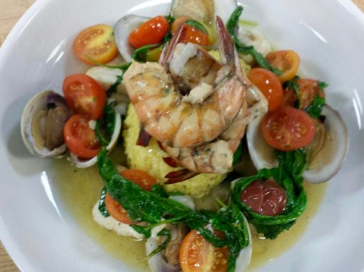 Lowcountry Stuffed Shrimp, Saffron Risoto, Wilted Spinach, Littleneck Clams